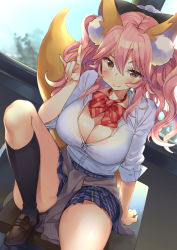 Rule 34 | 10s, 1girl, animal ear fluff, animal ears, arm support, black bow, black socks, blue skirt, blush, bow, bowtie, breasts, brown footwear, buttons, cleavage, cosplay, fate/extra, fate (series), fox ears, fox shadow puppet, fox tail, hair between eyes, hair bow, highres, idolmaster, idolmaster cinderella girls, indoors, jougasaki mika, jougasaki mika (cosplay), kneehighs, large breasts, long hair, looking at viewer, miniskirt, mirei, official alternate costume, pink eyes, pleated skirt, red bow, red bowtie, shirt, shoes, sitting, skirt, sleeves rolled up, smile, socks, solo, tail, tamamo (fate), tamamo no mae (fate/extra), tamamo no mae (jk) (fate), white shirt, window, yellow eyes
