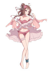 Rule 34 | 1girl, animal ears, ankleband, arknights, bikini, breasts, brown hair, cleavage, eyjafjalla (arknights), eyjafjalla (summer flower) (arknights), flower, full body, hair flower, hair ornament, hands up, highres, horns, infection monitor (arknights), knees together feet apart, medium breasts, navel, off-shoulder bikini, off shoulder, official alternate costume, pink bikini, pink eyes, pink flower, ponytail, sarong, sheep ears, sheep girl, sheep horns, solo, standing, swimsuit, thigh strap, white sarong, ws snow