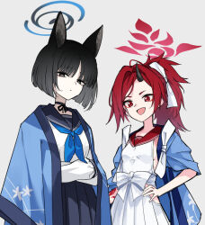 Rule 34 | 1girl, 2girls, animal ears, black hair, black horns, blue archive, blush, breasts, dragon tail, halo, horns, japanese clothes, kikyou (blue archive), long hair, looking at viewer, makeup, multiple girls, osisio, pleated skirt, ponytail, red eyes, red hair, red sailor collar, renge (blue archive), sailor collar, school uniform, sideless shirt, single horn, skirt, small breasts, spiked hair, straight hair, tail, white skirt