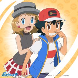 Rule 34 | 1boy, 1girl, :d, ash ketchum, black hair, blonde hair, blue eyes, blue vest, brown eyes, creatures (company), earrings, eyelashes, game freak, grey headwear, grin, hand on another&#039;s shoulder, hand up, hat, jewelry, looking at viewer, mixed-language commentary, nintendo, noelia ponce, open clothes, open mouth, open vest, pleated skirt, pokemon, pokemon (anime), pokemon journeys, pokemon swsh105, red headwear, serena (pokemon), shirt, short hair, short sleeves, shorts, skirt, smile, t-shirt, teeth, tongue, vest, watermark, white shirt