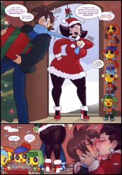 Rule 34 | 1boy, 1girl, against wall, angry, artist name, ass, assertive female, black pantyhose, blue scarf, blush, box, breasts, brown hair, capcom, christmas, christmas tree, clenched teeth, cobat, cosplay, curvy, dated, doorway, dress, earrings, english text, eric cartman, eric cartman (cosplay), femdom, fishing rod, french kiss, fur trim, gift, gift box, hand on own hip, hat, hetero, highres, holding, holding gift, huge ass, jacket, jewelry, kenny mccormick, kenny mccormick (cosplay), kiss, kyle broflovski, kyle broflovski (cosplay), large breasts, mega man (series), mega man legends (series), mega man volnutt, mistletoe, open mouth, pantyhose, platform footwear, red dress, red footwear, santa dress, santa hat, scarf, scarf pull, servbot (mega man), skull earrings, snow, south park, sparkling eyes, speech bubble, stacking, stan marsh, stan marsh (cosplay), standing, strangling, teeth, thick thighs, thighs, third-party edit, toy, tron bonne (mega man), tsundere, wide hips