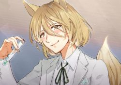 Rule 34 | 1girl, animal ears, ari don, blonde hair, blush, commentary request, formal, fox ears, fox shadow puppet, fox tail, hair between eyes, kudamaki tsukasa, looking at viewer, short hair, smile, solo, suit, tail, test tube, touhou, white suit, yellow eyes