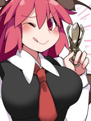 Rule 34 | 1girl, bat wings, blush, breasts, dress shirt, grappling hook, hammer (sunset beach), head wings, koakuma, large breasts, looking at viewer, necktie, one eye closed, pear of anguish, red eyes, red hair, shirt, simple background, smile, solo, tongue, touhou, upper body, wings