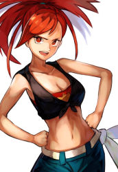 Rule 34 | 1girl, :d, bandeau, bare arms, belt, blue pants, breasts, cleavage, collarbone, creatures (company), flannery (pokemon), floating hair, game freak, hands on own hips, long hair, looking at viewer, medium breasts, midriff, nasubin (nasubisamurai15), navel, nintendo, open mouth, pants, pokemon, pokemon oras, red bandeau, red eyes, red hair, simple background, smile, solo, standing, stomach, white background, white belt