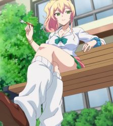 Rule 34 | 1girl, anime screenshot, bench, blonde hair, bow, bracelet, breasts, brown footwear, cleavage, closed mouth, clothes around waist, collarbone, crossed legs, day, earrings, eyebrows, fingernails, from below, green eyes, green skirt, hair ornament, hajimete no gal, jewelry, large breasts, lips, long hair, looking at viewer, loose socks, miniskirt, on bench, park bench, pleated skirt, ponytail, ring, school uniform, screencap, scrunchie, shirt, shoes, sitting, skirt, smile, socks, solo, stitched, sweater, sweater around waist, tagme, third-party edit, white legwear, white shirt, wing collar, wrist scrunchie, yame yukana