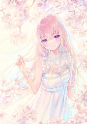 Rule 34 | 1girl, ahoge, breasts, cherry blossoms, commentary, dress, fingernails, flower, hand up, highres, holding, holding own hair, long hair, looking at viewer, medium breasts, nekokan masshigura, original, pink flower, pink hair, playing with own hair, purple eyes, sleeveless, sleeveless dress, smile, solo, standing, symbol-only commentary, very long hair, white dress