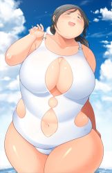 Rule 34 | 1girl, black hair, blush, breasts, fat, highres, huge breasts, open mouth, shimejix, short hair, smile, solo, sweat