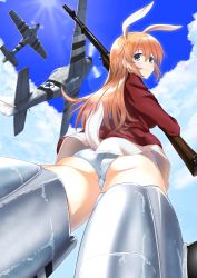 Rule 34 | 1girl, a9b (louis814), above clouds, absurdres, animal ears, ass, blue eyes, blue sky, charlotte e. yeager, closed mouth, cloud, commentary, crotch seam, escort fighter, flying, foreshortening, from behind, gun, highres, holding, holding gun, holding weapon, jacket, lens flare, long hair, long sleeves, looking at viewer, looking back, military, military uniform, motion blur, no pants, orange hair, p-51 mustang, panties, rabbit ears, rabbit girl, rabbit tail, red jacket, rifle, roundel, shirt, sky, smile, solo, strike witches, striker unit, tail, underwear, uniform, weapon, white panties, white shirt, world witches series
