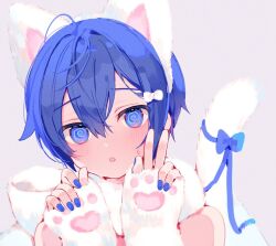 Rule 34 | 1boy, :o, @ @, androgynous, animal ears, animal hands, blue bow, blue eyes, blue hair, blue nails, blush, bow, cat ears, cat tail, child, fingerless gloves, fur scarf, gloves, grey background, hair between eyes, hair bow, hands up, kaito (vocaloid), male focus, mogu (wy5xrt7w), nail polish, paw gloves, portrait, scarf, simple background, solo, sweat, tail, tail bow, tail ornament, vocaloid, w, white bow, white scarf