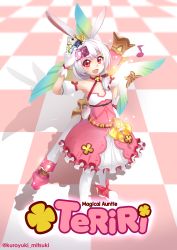 Rule 34 | 1girl, :d, animal ears, card, checkered background, cross (weapon), crown, dress, fox ears, from above, full body, gloves, hair between eyes, hair ornament, hand on own hip, highres, holding, honkai (series), honkai impact 3rd, kuroyuki-mitsuki, looking at viewer, magical girl, open mouth, pink dress, pink eyes, pink footwear, side ponytail, smile, solo, standing, theresa apocalypse, theresa apocalypse (sakuno rondo), thighhighs, v-shaped eyebrows, white gloves, white hair, white thighhighs