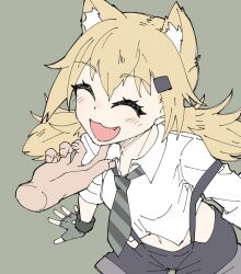 Rule 34 | animal ears, blonde hair, cat ears, closed mouth, collared shirt, cowboy shot, disembodied limb, fang, fingerless gloves, girls&#039; frontline, gloves, hair ornament, idw (girls&#039; frontline), nakiusagi, navel, necktie, open mouth, shirt, shorts, smile, striped necktie, suspenders, white shirt