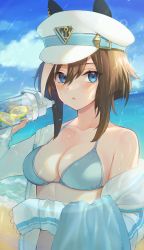 Rule 34 | 1girl, :o, animal ears, beach, bikini, blue bikini, blue eyes, blue sky, blush, bottle, breasts, brown hair, character request, cheval grand (umamusume), cleavage, collarbone, commentary request, day, ears through headwear, food, fruit, hat, highres, holding, holding bottle, horse ears, jacket, kkokko, lemon, lemon slice, lens flare, medium breasts, multicolored hair, ocean, off shoulder, open clothes, open jacket, outdoors, parted lips, peaked cap, short hair, single bare shoulder, sky, sleeves past wrists, solo, sparkle, streaked hair, swimsuit, towel, track jacket, two-tone hair, umamusume, unzipped, upper body, water, white hair, white hat, white jacket