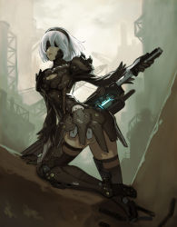 Rule 34 | 1girl, absurdres, blindfold, breasts, cleavage, company connection, cosplay, hairband, highres, metal gear (series), metal gear rising: revengeance, mole, mole under mouth, nier (series), nier:automata, parted lips, raiden (cosplay), raiden (metal gear), solo, sword, weapon, white hair, 2b (nier:automata), yoshimura ken&#039;ichirou