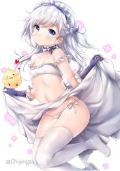 Rule 34 | &gt; o, aged down, artist name, azur lane, bare shoulders, belfast (azur lane), blue eyes, blue gloves, bow, braid, breasts, bright pupils, chiyingzai, choker, clothes lift, covered erect nipples, french braid, frill trim, frills, gloves, hair between eyes, head tilt, lifted by self, little bel (azur lane), long hair, long skirt, maid headdress, navel, no shoes, one side up, panties, ribbon choker, side-tie panties, side braid, silver hair, simple background, skirt, skirt lift, small breasts, solo, strapless, string panties, thighhighs, tube top, underwear, white background, white panties, white thighhighs