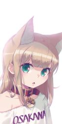 Rule 34 | 1girl, 40hara, animal collar, animal ear fluff, animal ears, blonde hair, blunt bangs, cat ears, clothes writing, collar, commentary request, green eyes, highres, kinako (40hara), long hair, looking at viewer, open mouth, original, red collar, shirt, simple background, solo, t-shirt, upper body, white background, white shirt