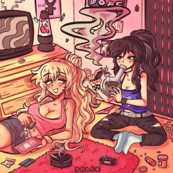 Rule 34 | 2girls, blonde hair, bong, breasts, brown hair, cigarette, class of 09, cleavage, drugs, half updo, highres, jecka (class of 09), joboqs, large breasts, lava lamp, long hair, medicine bottle, medium breasts, multiple girls, navel piercing, nicole (class of 09), piercing, pill, television