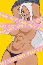 Rule 34 | 1girl, abs, animal ears, arms up, black panties, black shirt, boku no hero academia, breasts, caution tape, censored, dark-skinned female, dark skin, guchapin, highres, large breasts, long eyelashes, long hair, looking at viewer, mirko, navel, open mouth, panties, parted bangs, rabbit ears, rabbit girl, rabbit tail, red eyes, shirt, smile, solo, stomach, tail, tape censor, toned, underwear, undressing, very long hair, white hair, yellow background