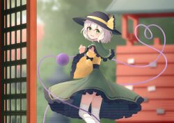Rule 34 | 1girl, :d, absurdres, black bow, black hat, black sash, blurry, blurry background, blush, bow, capelet, detached sleeves, eyeball, feet out of frame, frilled capelet, frilled skirt, frilled sleeves, frills, green capelet, green eyes, green skirt, grey hair, hat, hat bow, hat ribbon, heart, heart of string, highres, komeiji koishi, long sleeves, looking at viewer, medium hair, open mouth, ribbon, sash, shirt, skirt, sleeve bow, smile, solo, standing, teeth, thighhighs, third eye, touhou, upper teeth only, white thighhighs, wide sleeves, wrainman, yellow bow, yellow ribbon, yellow shirt, yellow sleeves