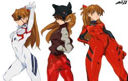 Rule 34 | 2021, absurdres, ass, black hat, blue eyes, bodysuit, breasts, brown hair, brown jacket, cleavage, covered navel, curvy, dated, evangelion: 3.0+1.0 thrice upon a time, evangelion: 3.0 you can (not) redo, eyepatch, floating hair, full body, green eyes, hair between eyes, hair ornament, hand on own hip, hands in pockets, hat, highres, interface headset, jacket, long hair, looking at viewer, looking away, looking back, medium breasts, multiple views, navel, neon genesis evangelion, open mouth, plugsuit, rebuild of evangelion, red bodysuit, shiny clothes, simple background, skin tight, solo, souryuu asuka langley, standing, stretching, two side up, very long hair, white background, white bodysuit, whoopsatro