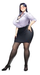 Rule 34 | 1girl, absurdres, black footwear, black hair, black pantyhose, black skirt, blush, breasts, cleavage, frown, full body, hair behind ear, hand on own hip, hand on own thigh, high heels, highres, huge breasts, id card, kurosu gatari, long hair, looking at viewer, office lady, original, pantyhose, pencil skirt, skirt, solo, thick thighs, thighs, white background