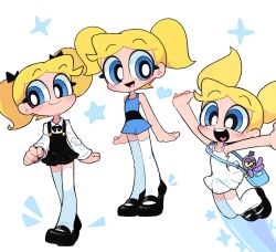Rule 34 | 1girl, bag, black dress, black footwear, blonde hair, blue dress, blue eyes, bow, bowtie, bubbles (ppg), commentary, dress, english commentary, heart, highres, kim crab, looking at viewer, multiple views, octopus, open mouth, powerpuff girls, shirt, shoulder bag, sleeveless, sleeveless dress, smile, sparkle, stuffed animal, stuffed toy, sundress, thighhighs, twintails, white background, white dress, white shirt