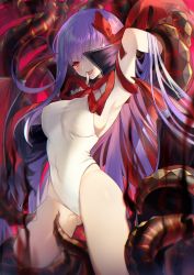 Rule 34 | 1girl, arm behind head, arm up, armpits, bare shoulders, bat wings, bb (fate), bb (fate) (all), bb (swimsuit mooncancer) (fate), bb (swimsuit mooncancer) (third ascension) (fate), black coat, breasts, coat, covered erect nipples, fate/extra, fate/extra ccc, fate/grand order, fate (series), gloves, hair ribbon, highres, kirie nozomi, large breasts, leotard, long hair, looking at viewer, neck ribbon, open mouth, popped collar, purple hair, red eyes, red ribbon, ribbon, sideboob, smile, solo, tentacles, thighs, vampire costume, very long hair, white gloves, white leotard, wings