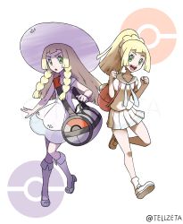 Rule 34 | 1girl, :d, :o, artist name, bag, before and after, blonde hair, braid, clenched hands, commentary request, creatures (company), dress, eyelashes, full body, game freak, green eyes, hat, highres, lillie (pokemon), long hair, nintendo, official style, open mouth, pleated skirt, poke ball symbol, pokemon, pokemon sm, shoes, skirt, sleeveless, sleeveless dress, smile, sun hat, teeth, tellzeta, tongue, twin braids, upper teeth only, watermark, white dress, white headwear, white legwear, white skirt
