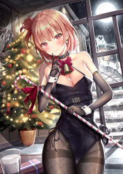 Rule 34 | 1girl, absurdres, bare shoulders, bell, black collar, black gloves, black leotard, black pantyhose, blush, bow, bowtie, box, breasts, cane, christmas lights, christmas tree, cleavage, closed mouth, collar, cowboy shot, cup, drinking glass, earrings, elbow gloves, finger to mouth, gift, gift box, gloves, groin, hair bun, hand up, highleg, highleg leotard, highres, holding, holding cane, indoors, jewelry, large breasts, leotard, looking at viewer, medium hair, moon, neck bell, night, orange hair, pantyhose, plant, potted plant, red bow, red bowtie, red ribbon, ribbon, single earring, single hair bun, single side bun, snow, snowing, solo, stairs, stone stairs, thigh gap, thighs, white wrist cuffs, window, wrist cuffs, yahari ore no seishun lovecome wa machigatteiru., yoshiyoki, yuigahama yui