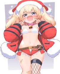Rule 34 | 1girl, :d, armpits, azur lane, bache (azur lane), bandaid, bandaid on knee, bandaid on leg, bare shoulders, belt, belt pouch, bikini, blonde hair, blush, breasts, brown belt, chain, christmas, cleavage, collar, collarbone, commentary request, cowboy shot, cutoffs, dollar sign, exposed pocket, fang, fingers to cheeks, fishnet thighhighs, fishnets, fur-trimmed jacket, fur trim, groin, hair between eyes, hat, heart, heart-shaped pupils, jacket, kado (hametunoasioto), long hair, long sleeves, looking at viewer, micro shorts, midriff, navel, off shoulder, open clothes, open mouth, open shorts, pink collar, pouch, purple eyes, red hat, red jacket, santa hat, shorts, sidelocks, single thighhigh, skin fang, skindentation, small breasts, smile, solo, sparkle, standing, swimsuit, symbol-shaped pupils, thigh gap, thighhighs, two side up, very long hair, white bikini, zipper, zipper pull tab