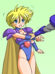 Rule 34 | 1girl, armor, blonde hair, blue eyes, breasts, cape, choker, cleavage, faye, female focus, final fantasy, final fantasy mystic quest, leotard, lowres, murasaki2007, open mouth, short hair, shoulder pads, simple background, solo