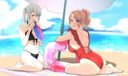 Rule 34 | alternate costume, aquila (kancolle), ass, ball, barefoot, beach, beach towel, beach umbrella, beachball, bikini, black bikini, blowing, blue eyes, blurry, blurry background, blush, breasts, brown eyes, cloud, commentary request, graf zeppelin (kancolle), grey hair, hair ornament, hairclip, highres, inflating beachball, innertube, kantai collection, large breasts, long hair, looking at viewer, medium breasts, ocean, one-piece swimsuit, orange hair, parted lips, ponytail, red one-piece swimsuit, shishanmo, sidelocks, sitting, sky, sparkle, swim ring, swimsuit, thighs, towel, twintails, umbrella, water