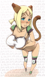 Rule 34 | 00s, 1girl, animal ears, blonde hair, blue eyes, blush, bra, breasts, cat ears, cat girl, cat tail, covered erect nipples, female focus, final fantasy, final fantasy xi, full body, large breasts, lingerie, mithra (ff11), nucomas, short hair, solo, tail, underwear
