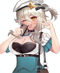 Rule 34 | 1girl, ;d, absurdres, ahomushi994, bag, beret, black bow, black bra, blue skirt, blush, bow, bra, bracelet, breasts, cellphone, cleavage, cleavage cutout, clothing cutout, detached sleeves, girls&#039; frontline, hair ornament, halterneck, handbag, hat, high-waist skirt, highres, holding, holding phone, jewelry, large breasts, long hair, one eye closed, open mouth, phone, simple background, skirt, smartphone, smile, solo, teeth, underwear, upper body, upper teeth only, w, white background, white beret, white hair, white hat, yellow eyes, zas m76 (girls&#039; frontline)
