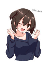 Rule 34 | 1girl, ;d, alternate costume, bad id, bad pixiv id, black eyes, black hair, black sweater, blush, breasts, clenched hands, collarbone, hair between eyes, hair tie, hands up, head tilt, hiryuu (kancolle), hoshino kagari, kantai collection, long sleeves, looking at viewer, medium breasts, one eye closed, one side up, open mouth, short hair, simple background, smile, solo, sweater, tareme, twitter username, v-neck, white background