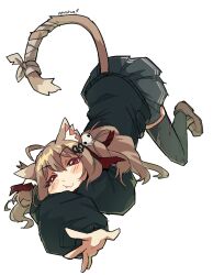 Rule 34 | 1girl, ahoge, all fours, animal ear fluff, animal ears, arched back, artist name, bandaged tail, black cardigan, black thighhighs, blush stickers, broken heart hair ornament, brown footwear, cardigan, cat ears, cat tail, closed mouth, commentary, english commentary, evil neuro-sama, full body, grey skirt, hair ornament, hair ribbon, hairclip, heart, heart hair ornament, indie virtual youtuber, light brown hair, loafers, long hair, long sleeves, looking at viewer, neuro-sama, official alternate costume, outstretched arm, outstretched hand, pasharuu, puffy long sleeves, puffy sleeves, reaching, reaching towards viewer, red eyes, red ribbon, ribbon, shoes, simple background, skirt, skull hair ornament, smile, solo, tail, thighhighs, torn clothes, torn thighhighs, two side up, virtual youtuber, white background