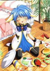 Rule 34 | 00s, 1girl, bed, black thighhighs, blue hair, blue skirt, blush, broccoli (company), burger, closed eyes, food, french fries, galaxy angel, ketchup, mint blancmanche, open mouth, plate, skirt, solo, thighhighs