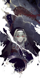 Rule 34 | 1girl, absurdres, arknights, blood, blood in water, blood on face, chinese commentary, circular saw, commentary request, glowing, glowing eyes, habit, hand up, highres, long hair, long sleeves, parted lips, red eyes, saw, shark, silver hair, solo, specter (arknights), teeth, underwater, white background, xiandao1213
