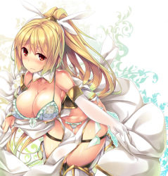 Rule 34 | 1girl, aqua bikini, armor, bare shoulders, bikini, blonde hair, blush, breasts, brown eyes, character request, cleavage, collarbone, detached collar, floral print, frilled bikini, frills, frown, greaves, large breasts, leaning forward, loincloth, long hair, nanaly (sennen sensou aigis), navel, open mouth, ponytail, sennen sensou aigis, shimakaze (soundz of bell), solo, swimsuit, thigh strap, wavy mouth