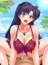 Rule 34 | 1boy, 1girl, bikini, bishoujo senshi sailor moon, blush, breasts, colored skin, dark-skinned male, dark skin, fate (series), girl on top, hair ribbon, head out of frame, hetero, hino rei, jewelry, large breasts, long hair, lowres, necklace, open mouth, palm tree, purple eyes, purple hair, ribbon, sailor mars, sex, swimsuit, tree, tropical summer (fate), white skin