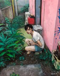 Rule 34 | 1girl, acrylic paint (medium), air conditioner, black hair, door, highres, jerry can, looking at viewer, medium hair, original, painting (medium), path, plant, realistic, road, satou t, sitting, solo, traditional media