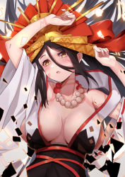 Rule 34 | 1girl, absurdres, bead necklace, beads, black hair, blush, body markings, breasts, cleavage, deceit (decit), dress, facial mark, fate/grand order, fate (series), hair between eyes, headpiece, highres, himiko (fate), himiko (third ascension) (fate), jewelry, large breasts, long hair, looking away, necklace, no bra, parted lips, sash, sideboob, solo, white dress, wide sleeves, yellow eyes