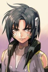 Rule 34 | 1boy, black hair, bodysuit, brown eyes, clothing cutout, gradient background, headgear, hungry clicker, looking at viewer, makabe kazuki, male focus, parted bangs, pilot suit, purple background, short hair, shoulder cutout, solo, soukyuu no fafner, synergetic suit, upper body