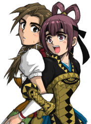Rule 34 | 2girls, arm guards, artist request, back-to-back, bernadette egan, brown hair, gensou suikoden, gensou suikoden v, hair rings, locked arms, looking at viewer, miakis (suikoden), multiple girls, ponytail, purple eyes, purple hair, short hair, simple background, white background