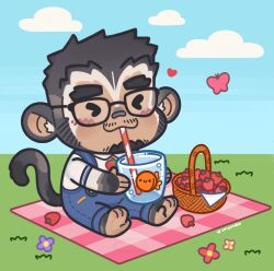 Rule 34 | &gt; &lt;, 1boy, animal ears, blush, brown fur, brown hair, chibi, cino (cafurccino), cup, drinking, drinking straw, facial hair, food, forked eyebrows, fruit, full body, furry, furry male, glasses, happy, highres, holding, holding cup, indie virtual youtuber, male focus, mondoart, monkey boy, monkey ears, monkey tail, mustache stubble, short hair, solo, strawberry, stubble, tail, thick eyebrows, virtual youtuber