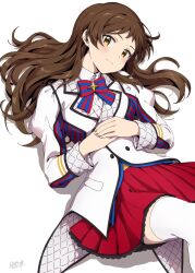Rule 34 | 1girl, ayano yuu (sonma 1426), blue bow, blue bowtie, blush, bow, bowtie, brown hair, buttons, closed mouth, collared shirt, dated, feet out of frame, frilled skirt, frills, hair spread out, head tilt, highres, idolmaster, idolmaster million live!, jacket, kitazawa shiho, knee up, layered clothes, long hair, long sleeves, looking at viewer, lying, miniskirt, on back, own hands together, parted bangs, pleated skirt, quilted jacket, red bow, red bowtie, red skirt, shirt, sidelocks, signature, simple background, skirt, smile, solo, starting bloom (idolmaster), striped bow, striped bowtie, striped clothes, thighhighs, white background, white jacket, white shirt, white thighhighs, yellow eyes, zettai ryouiki