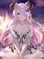 Rule 34 | 1girl, backlighting, bare arms, bare legs, bare shoulders, bikini, black ribbon, blue eyes, blush, breasts, cleavage, closed mouth, collarbone, double bun, draph, earrings, frilled bikini, frills, granblue fantasy, grey shirt, gyoju (only arme nim), hair over one eye, highres, horns, indian style, jewelry, large breasts, lens flare, long hair, narmaya (granblue fantasy), narmaya (summer) (granblue fantasy), navel, off shoulder, open clothes, open shirt, pink hair, pointy ears, rainbow, ribbon, see-through, shirt, side-tie bikini bottom, single earring, sitting, smile, solo, swimsuit, very long hair, water, white bikini