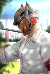 Rule 34 | 1boy, algernon (housamo), alternate costume, armband, blurry, blurry background, colored sclera, day, helmet, highres, looking at viewer, male focus, outdoors, petals, red eyes, shirt, short sleeves, solo, tokyo houkago summoners, tota (kagerou996), upper body, white shirt, yellow sclera