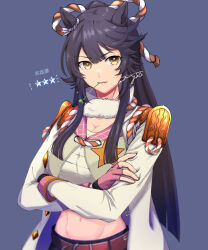 Rule 34 | 1girl, animal ears, bandages, black hair, blue background, breasts, chest sarashi, cleavage, coat, commentary request, crop top, crossed arms, ear ornament, fingerless gloves, gloves, highres, horse ears, horse girl, kudou (grass crown), long hair, looking at viewer, medium breasts, midriff, mouth hold, narita brian (umamusume), navel, open clothes, open coat, pink gloves, ponytail, rope, sarashi, shimenawa, signature, smile, solo, stalk in mouth, stomach, umamusume, upper body, very long hair, white coat, yellow eyes