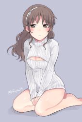 Rule 34 | 10s, 1girl, ashigara (kancolle), blush, bottomless, breasts, brown eyes, brown hair, cleavage cutout, clothing cutout, fuji fujino, grey background, hairband, kantai collection, long hair, looking at viewer, meme attire, open-chest sweater, own hands together, personification, ribbed sweater, simple background, sitting, small breasts, solo, sweater, turtleneck, twitter username, wariza