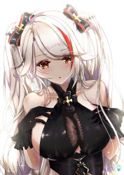 Rule 34 | 1girl, absurdres, antenna hair, azur lane, bare shoulders, black dress, black gloves, blush, bow, breasts, brown eyes, collarbone, cross, dress, gloves, hands on own chest, highres, iron cross, large breasts, long hair, looking at viewer, mole, mole on breast, multicolored bow, multicolored hair, nako nya, open mouth, prinz eugen (azur lane), prinz eugen (cordial cornflower) (azur lane), red hair, simple background, streaked hair, swept bangs, two side up, white background, white hair